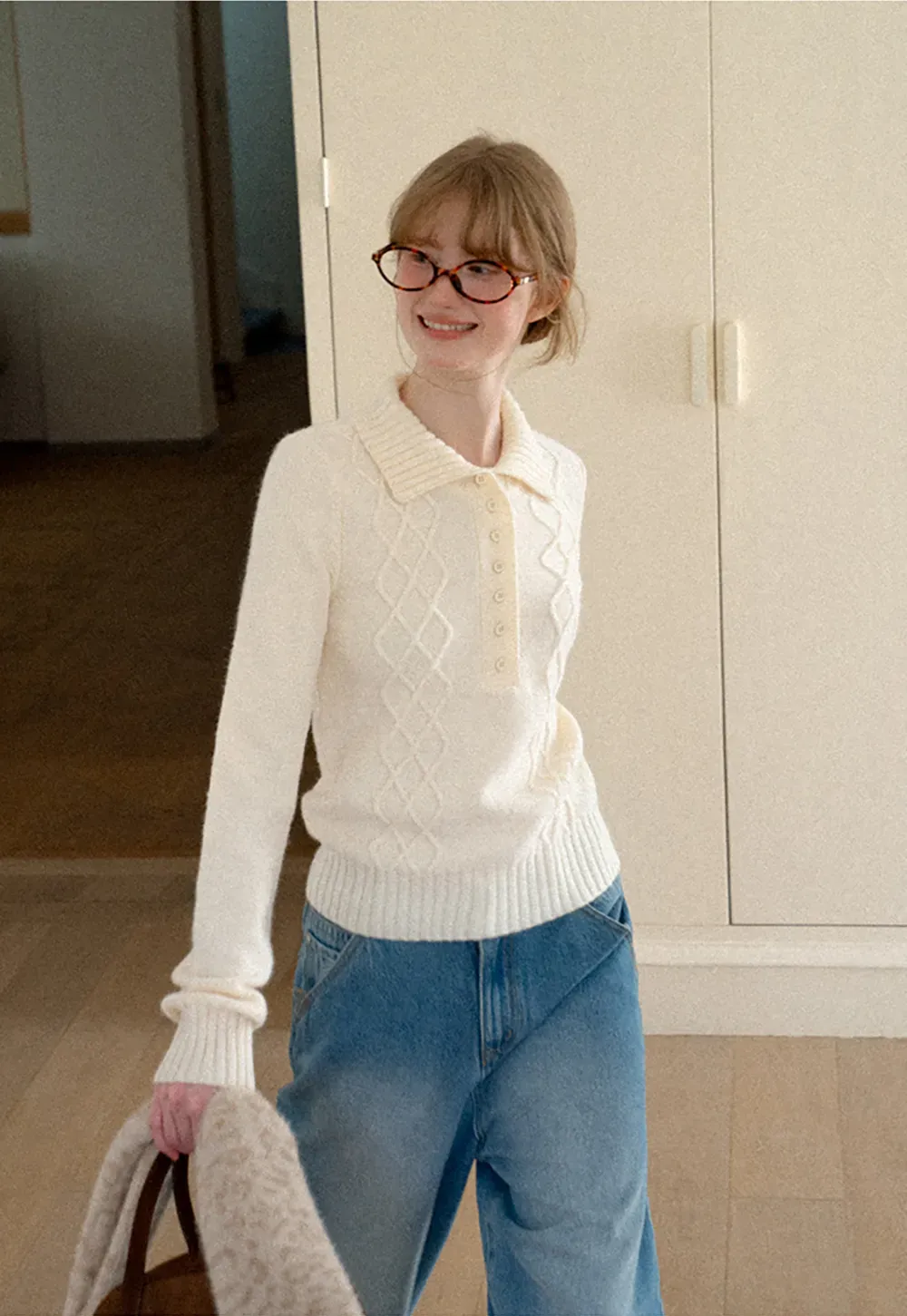 Cable Knit Diamond Pattern Collared Pullover Sweater