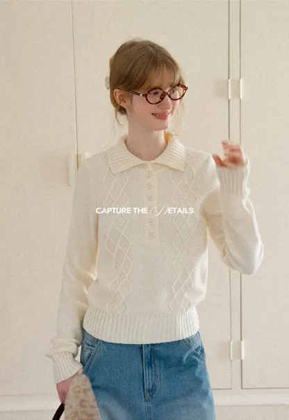 Cable Knit Diamond Pattern Collared Pullover Sweater