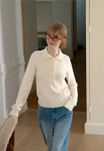 Cable Knit Diamond Pattern Collared Pullover Sweater