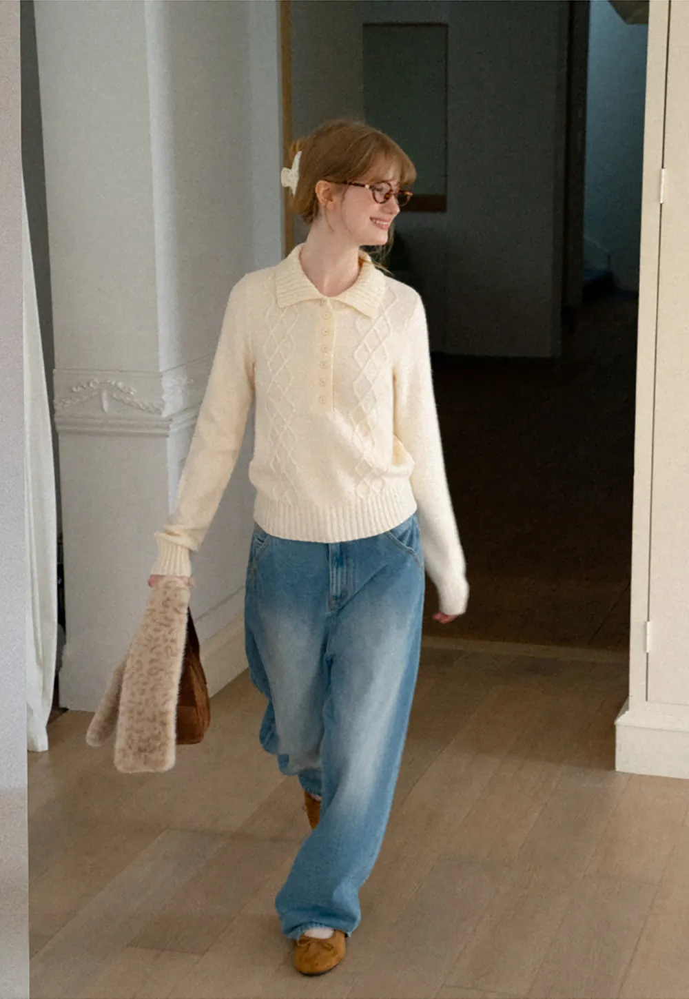 Cable Knit Diamond Pattern Collared Pullover Sweater
