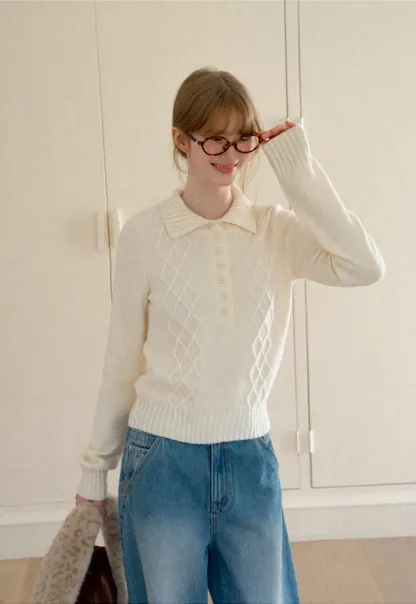 Cable Knit Diamond Pattern Collared Pullover Sweater