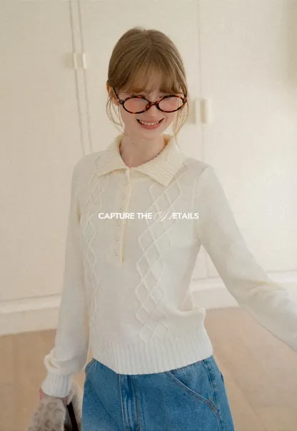 Cable Knit Diamond Pattern Collared Pullover Sweater