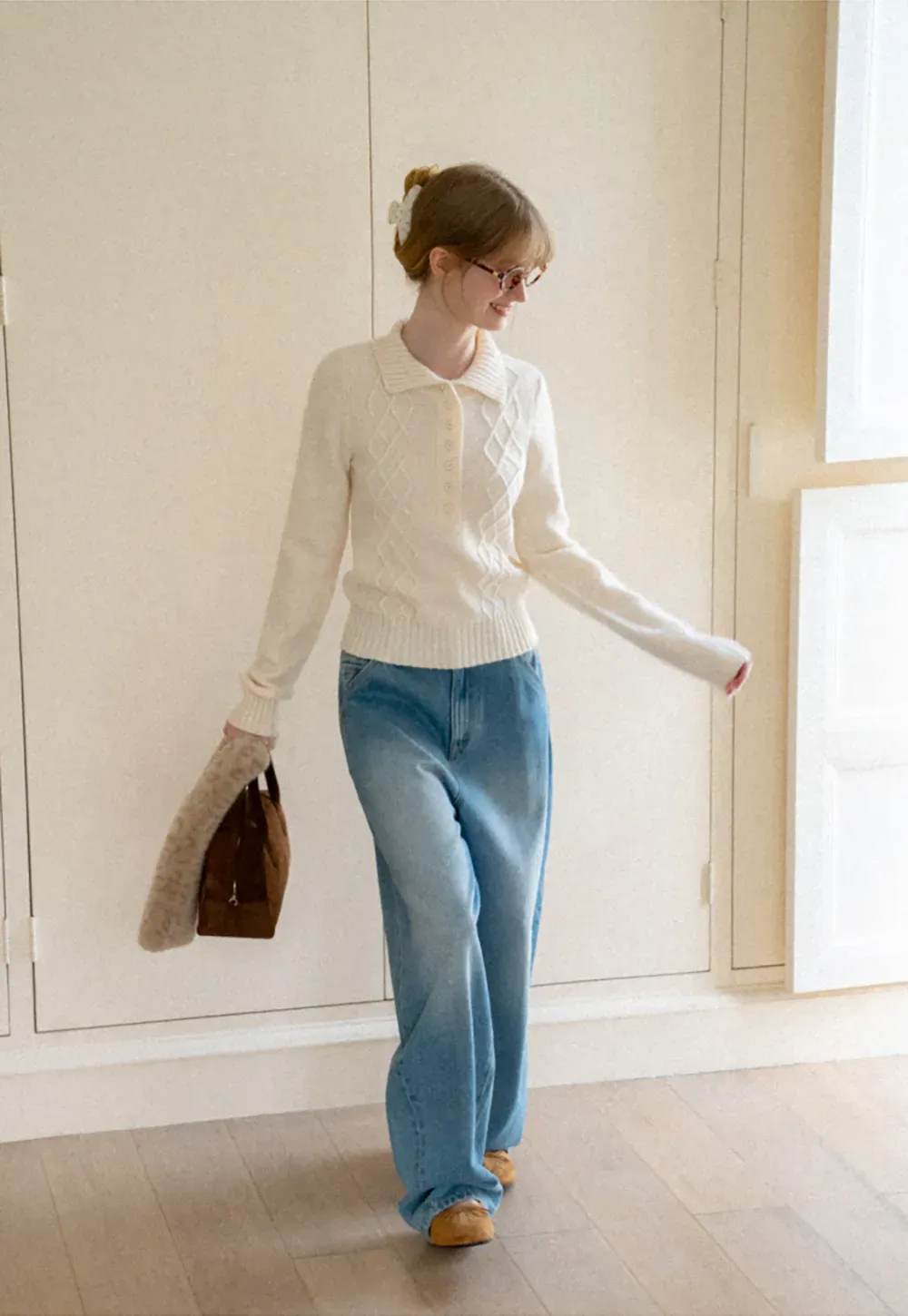 Cable Knit Diamond Pattern Collared Pullover Sweater