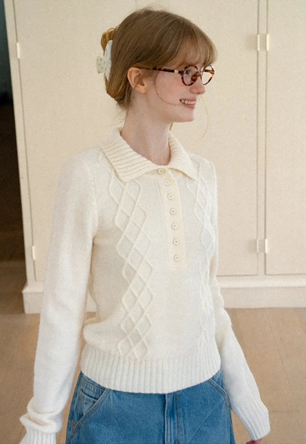 Cable Knit Diamond Pattern Collared Pullover Sweater
