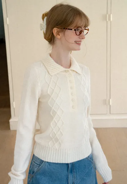 Cable Knit Diamond Pattern Collared Pullover Sweater
