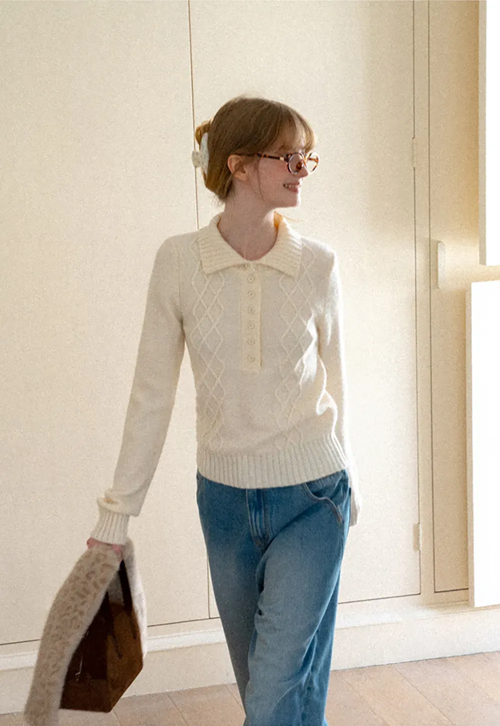 Cable Knit Diamond Pattern Collared Pullover Sweater