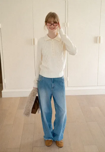 Cable Knit Diamond Pattern Collared Pullover Sweater