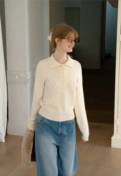 Cable Knit Diamond Pattern Collared Pullover Sweater