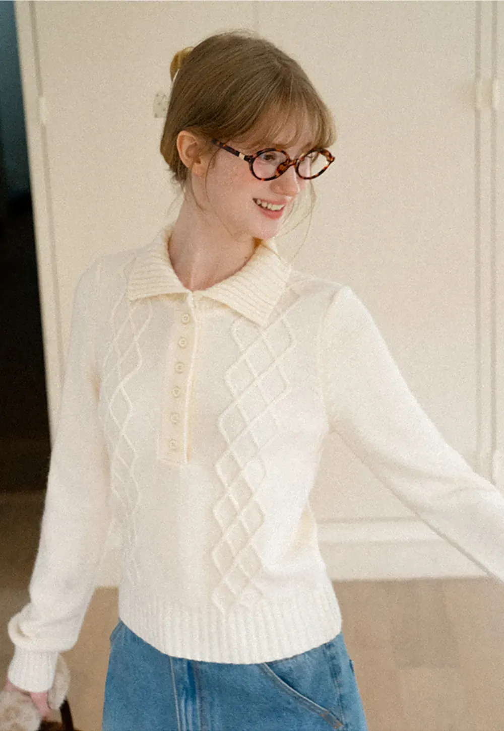 Cable Knit Diamond Pattern Collared Pullover Sweater