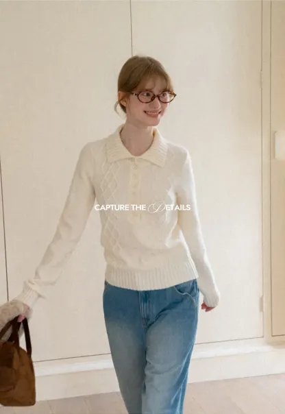 Cable Knit Diamond Pattern Collared Pullover Sweater