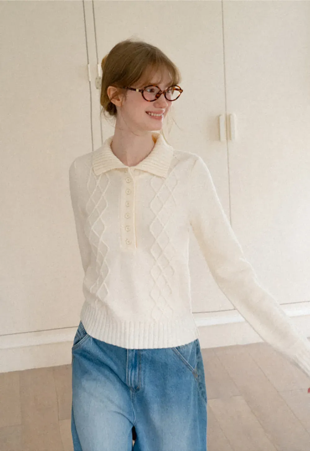 Cable Knit Diamond Pattern Collared Pullover Sweater