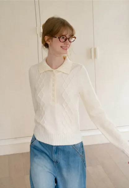 Cable Knit Diamond Pattern Collared Pullover Sweater