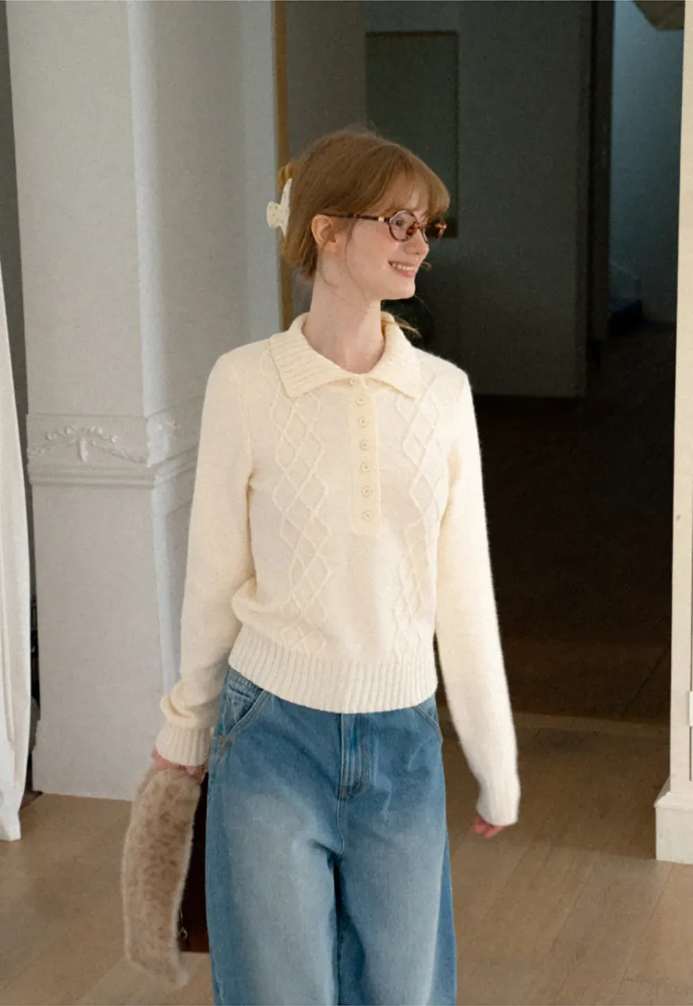 Cable Knit Diamond Pattern Collared Pullover Sweater