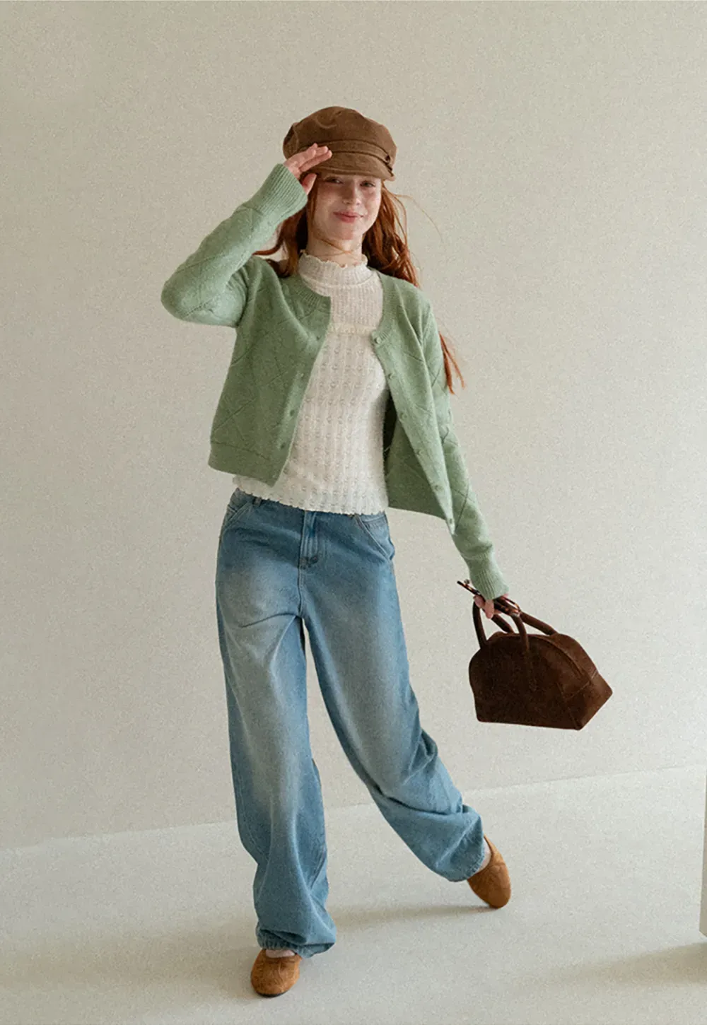 Diamond Stitch Sleeves Cropped Knit Sweater