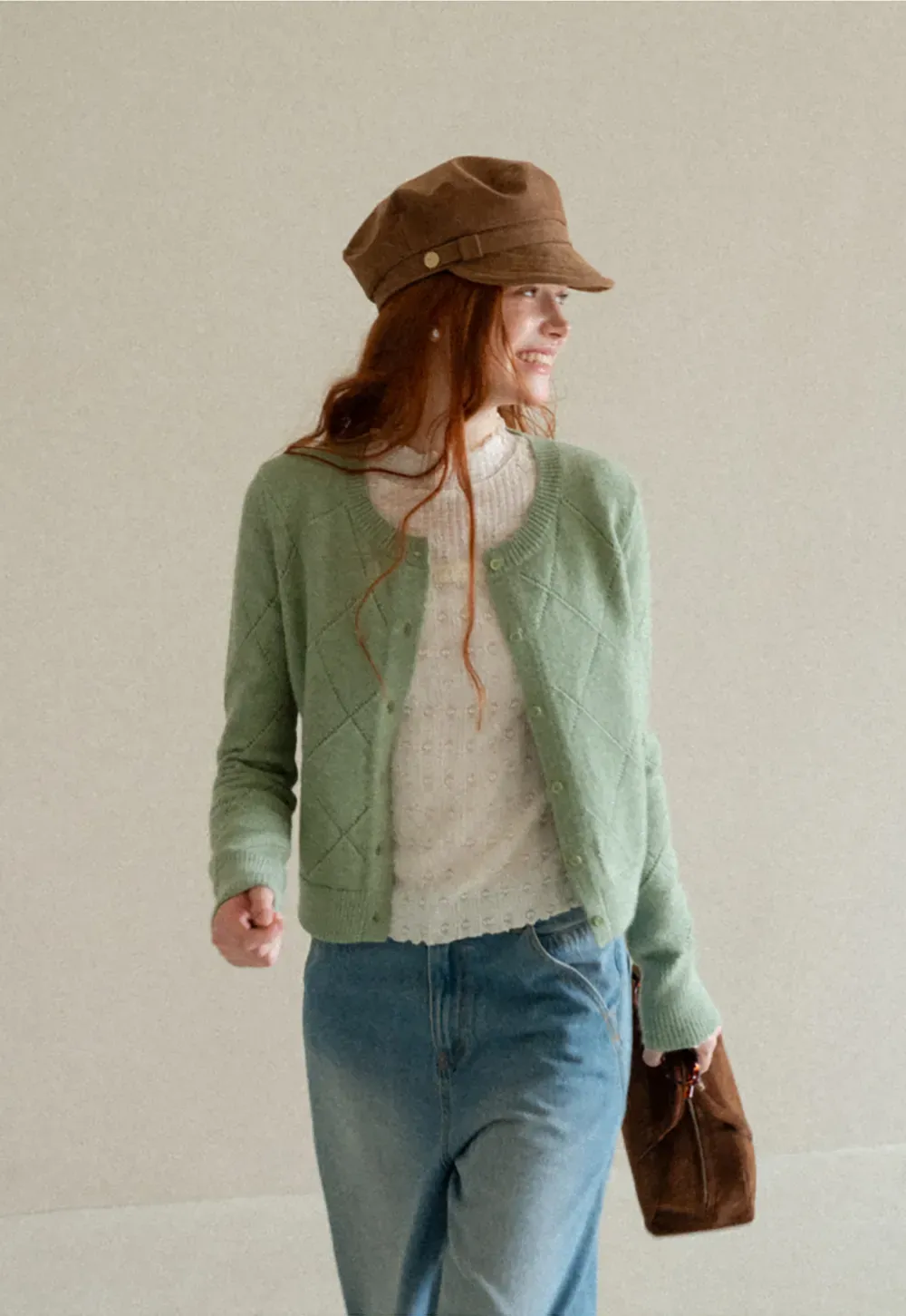 Diamond Stitch Sleeves Cropped Knit Sweater
