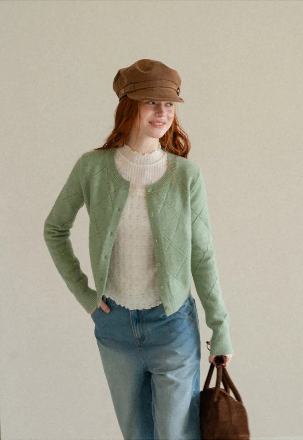 Diamond Stitch Sleeves Cropped Knit Sweater