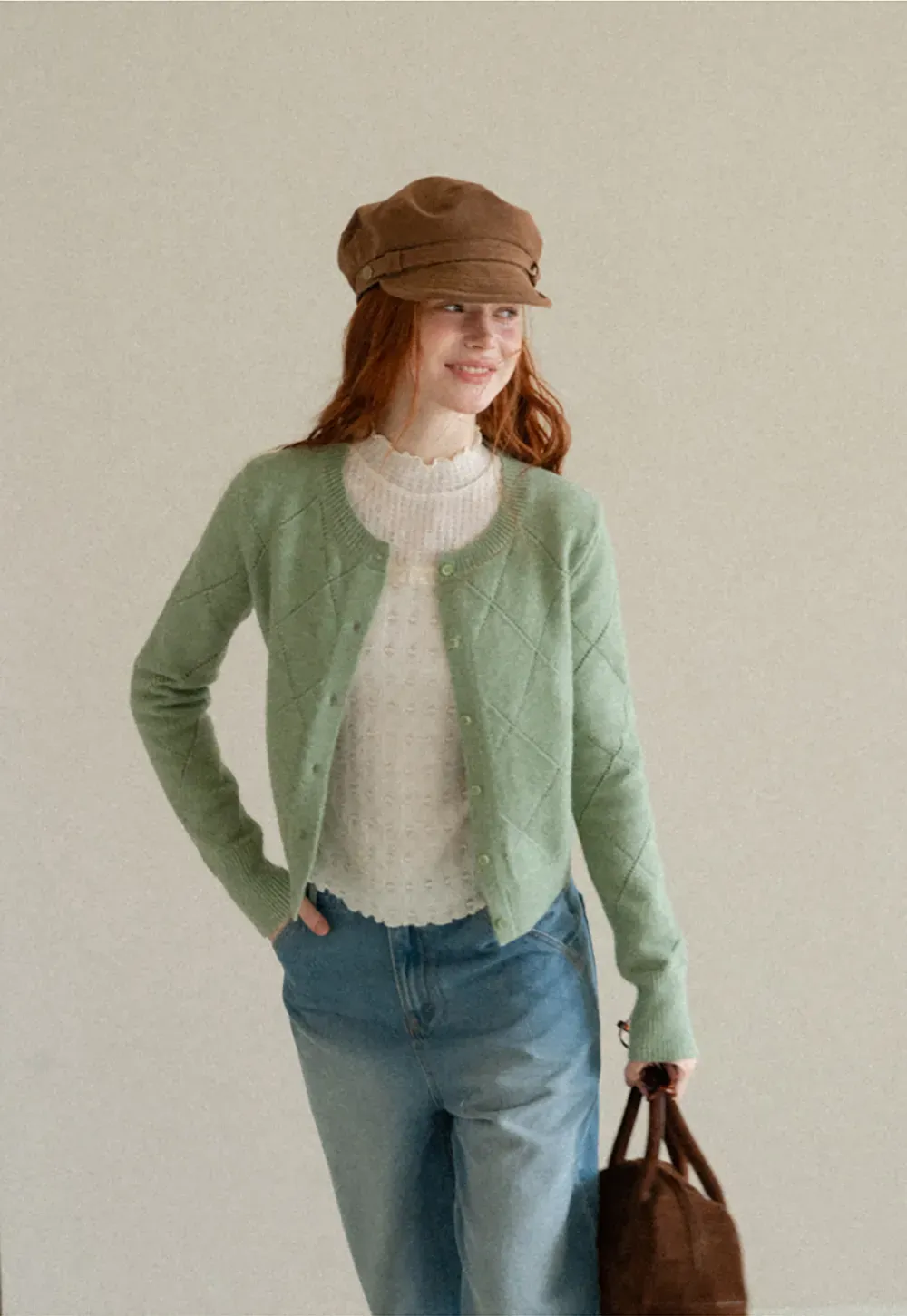 Diamond Stitch Sleeves Cropped Knit Sweater
