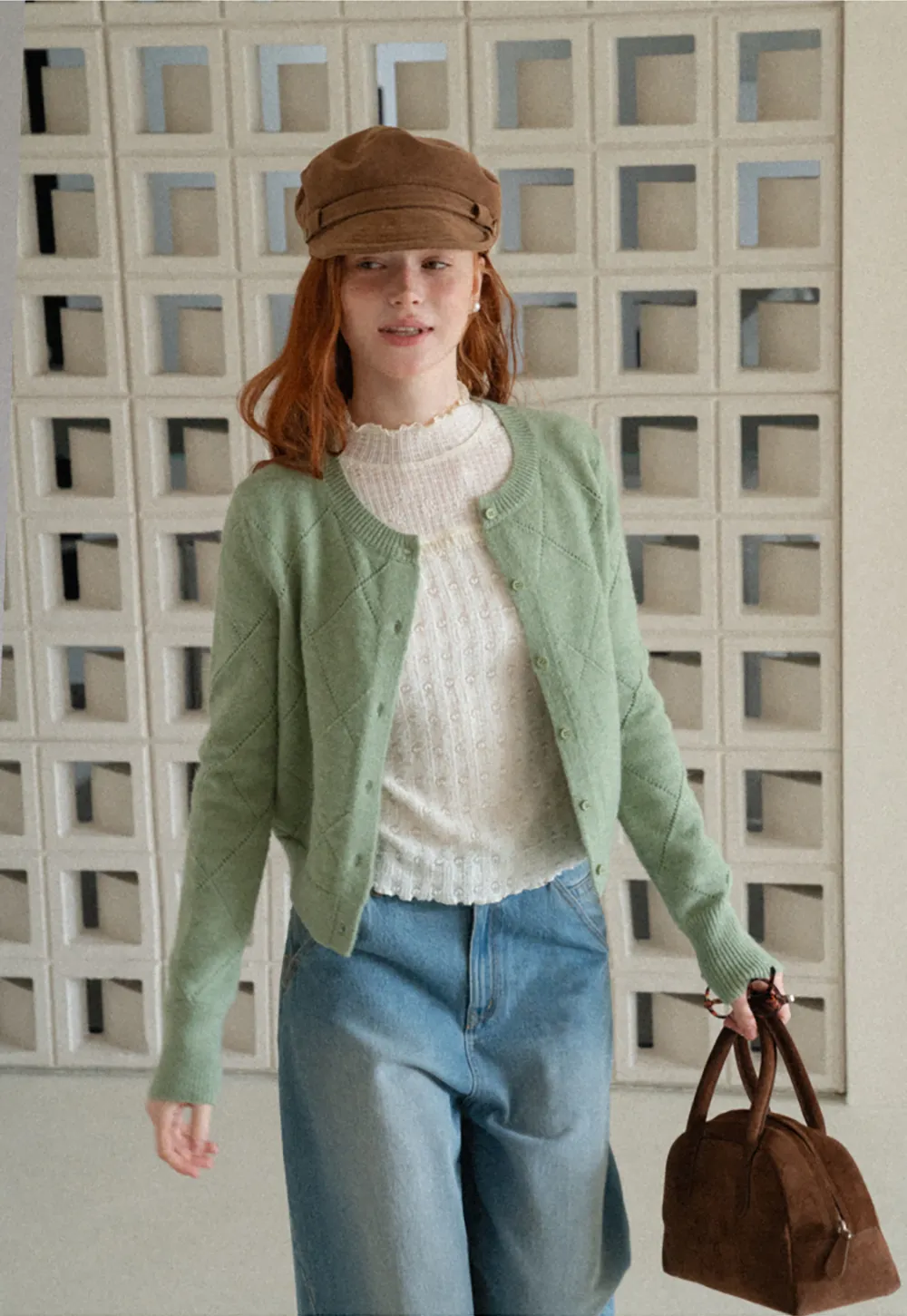 Diamond Stitch Sleeves Cropped Knit Sweater