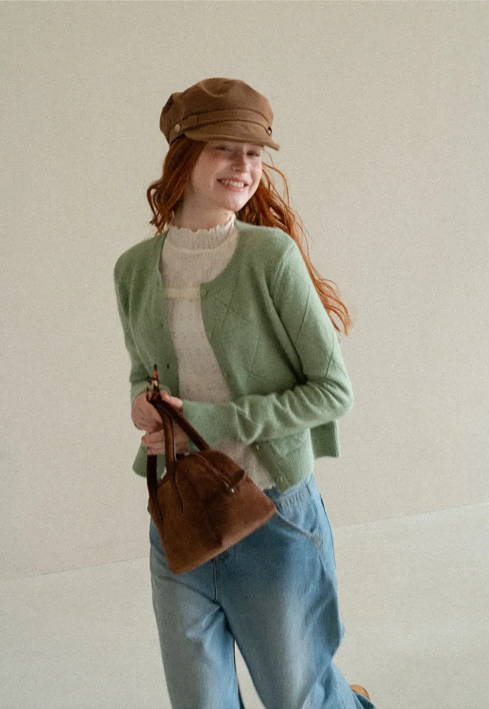Diamond Stitch Sleeves Cropped Knit Sweater