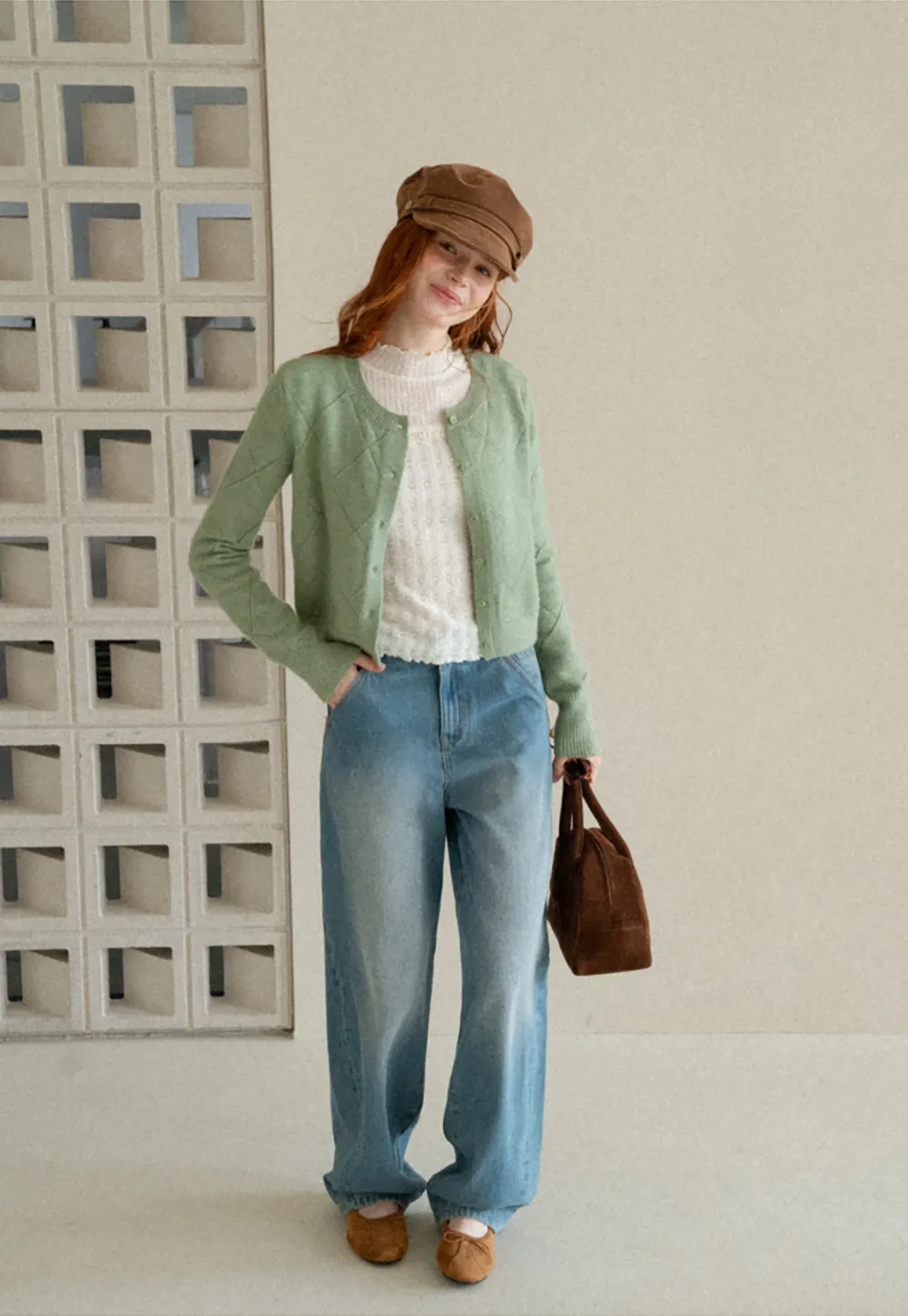 Diamond Stitch Sleeves Cropped Knit Sweater