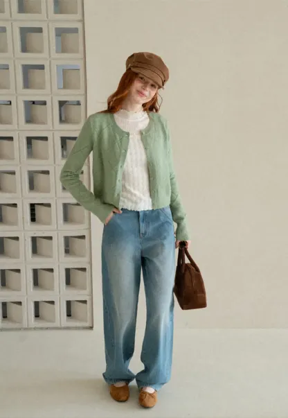 Diamond Stitch Sleeves Cropped Knit Sweater