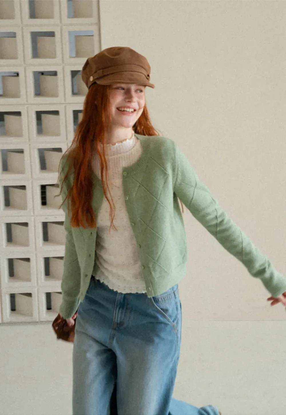 Diamond Stitch Sleeves Cropped Knit Sweater