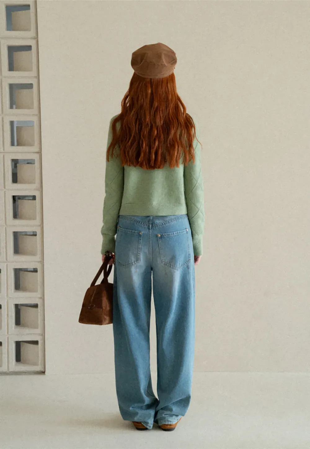 Diamond Stitch Sleeves Cropped Knit Sweater