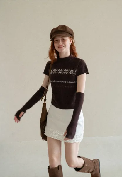 Fair Isle Pattern Short Sleeve Knit Sweater