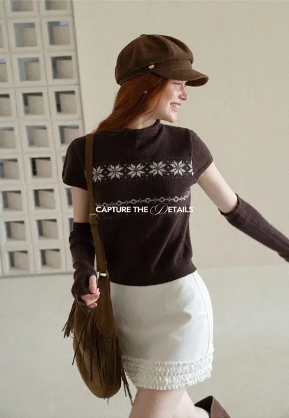 Fair Isle Pattern Short Sleeve Knit Sweater