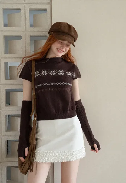Fair Isle Pattern Short Sleeve Knit Sweater