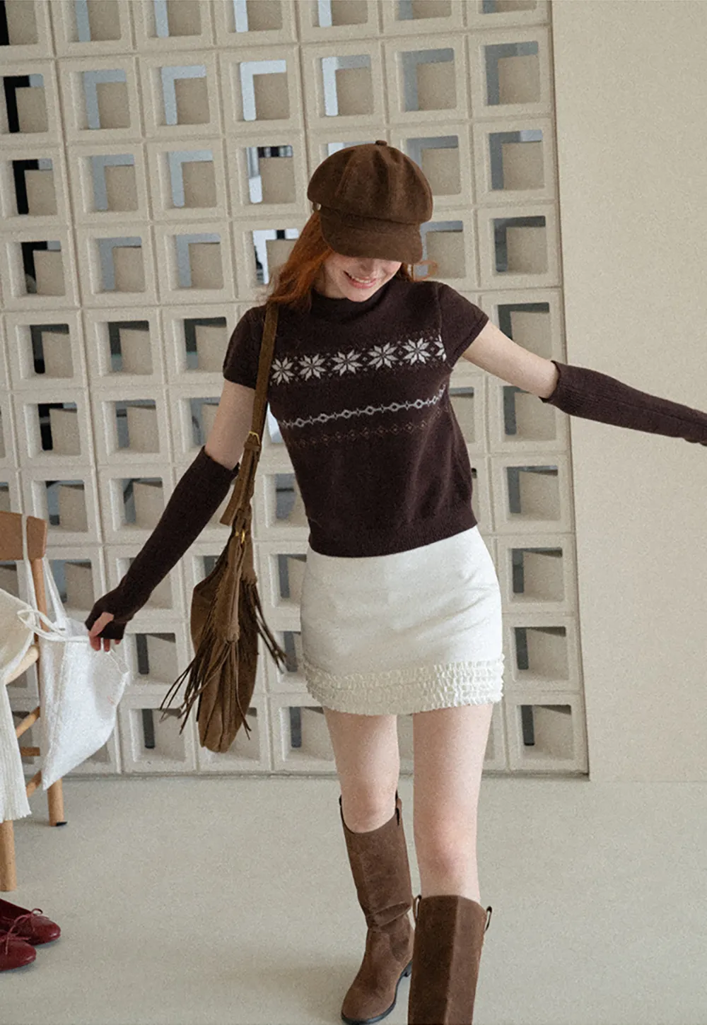Fair Isle Pattern Short Sleeve Knit Sweater