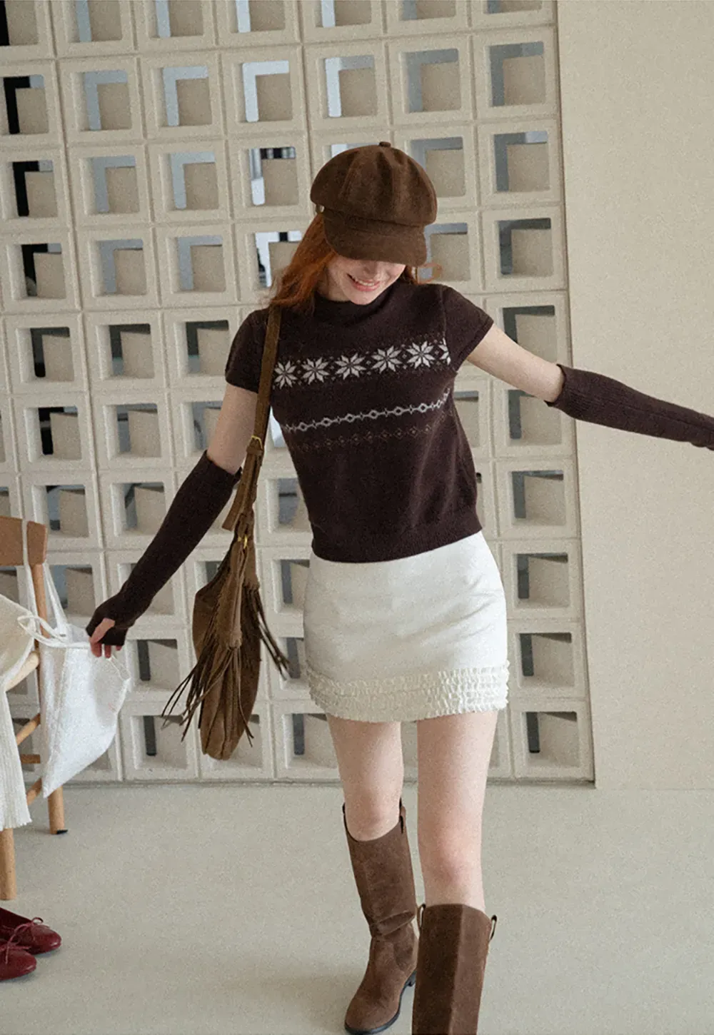 Fair Isle Pattern Short Sleeve Knit Sweater