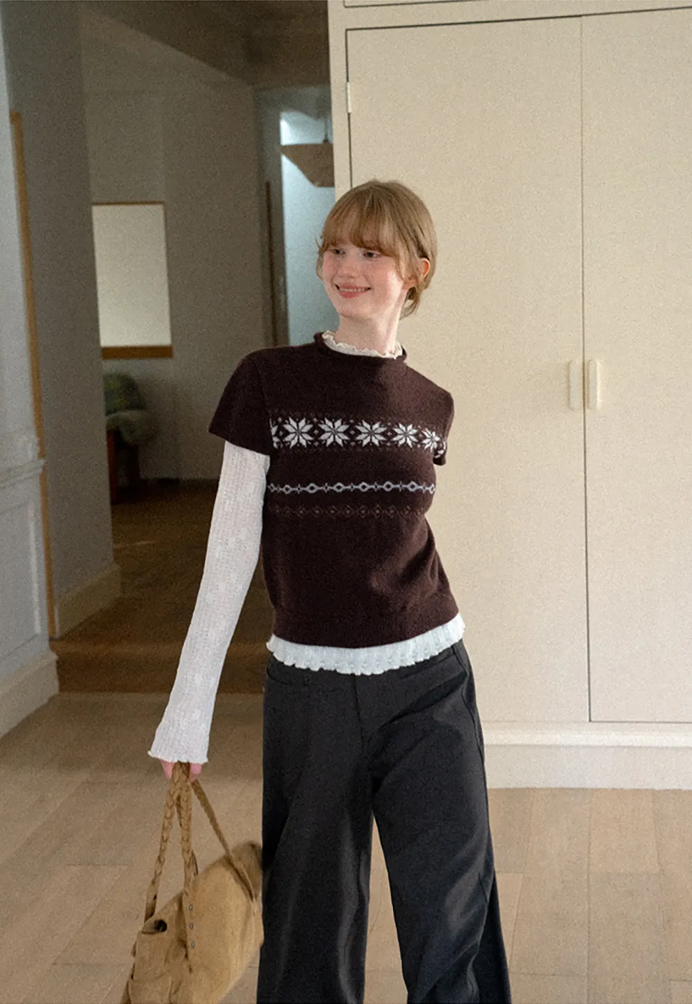 Fair Isle Pattern Short Sleeve Knit Sweater