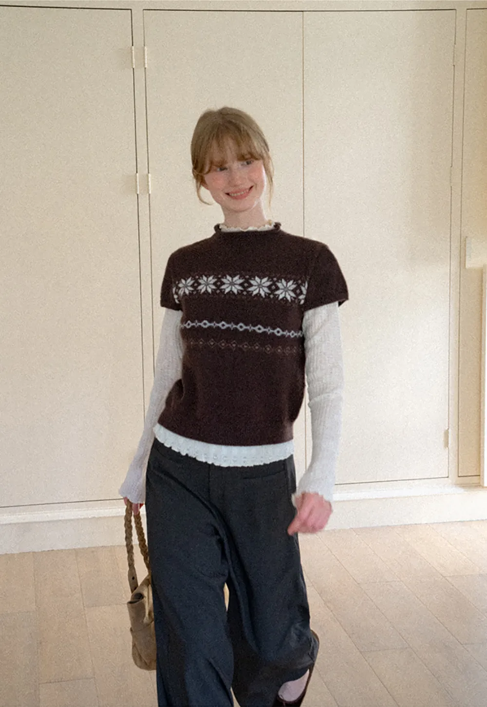 Fair Isle Pattern Short Sleeve Knit Sweater
