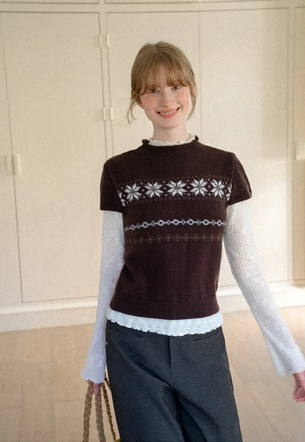 Fair Isle Pattern Short Sleeve Knit Sweater