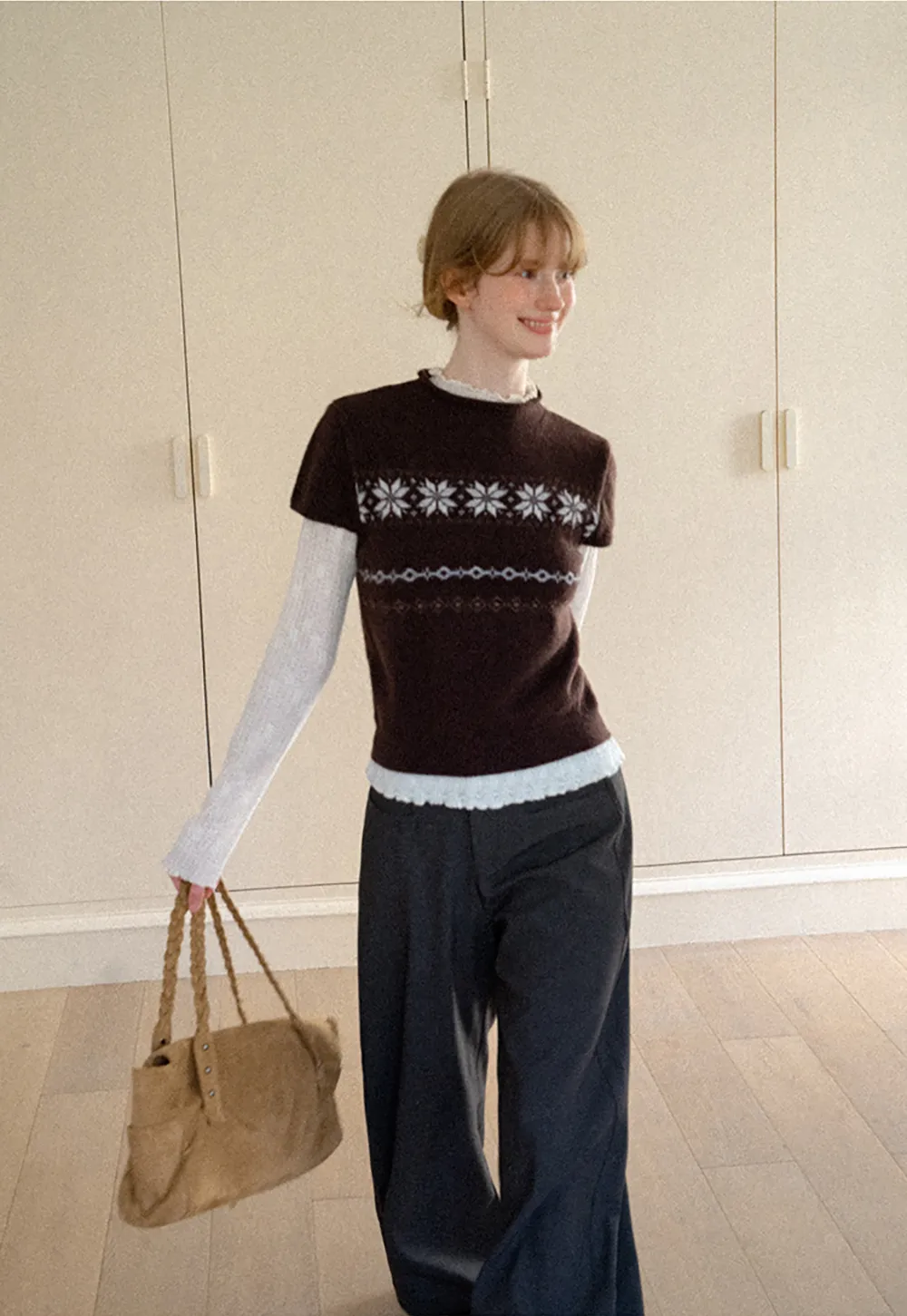 Fair Isle Pattern Short Sleeve Knit Sweater