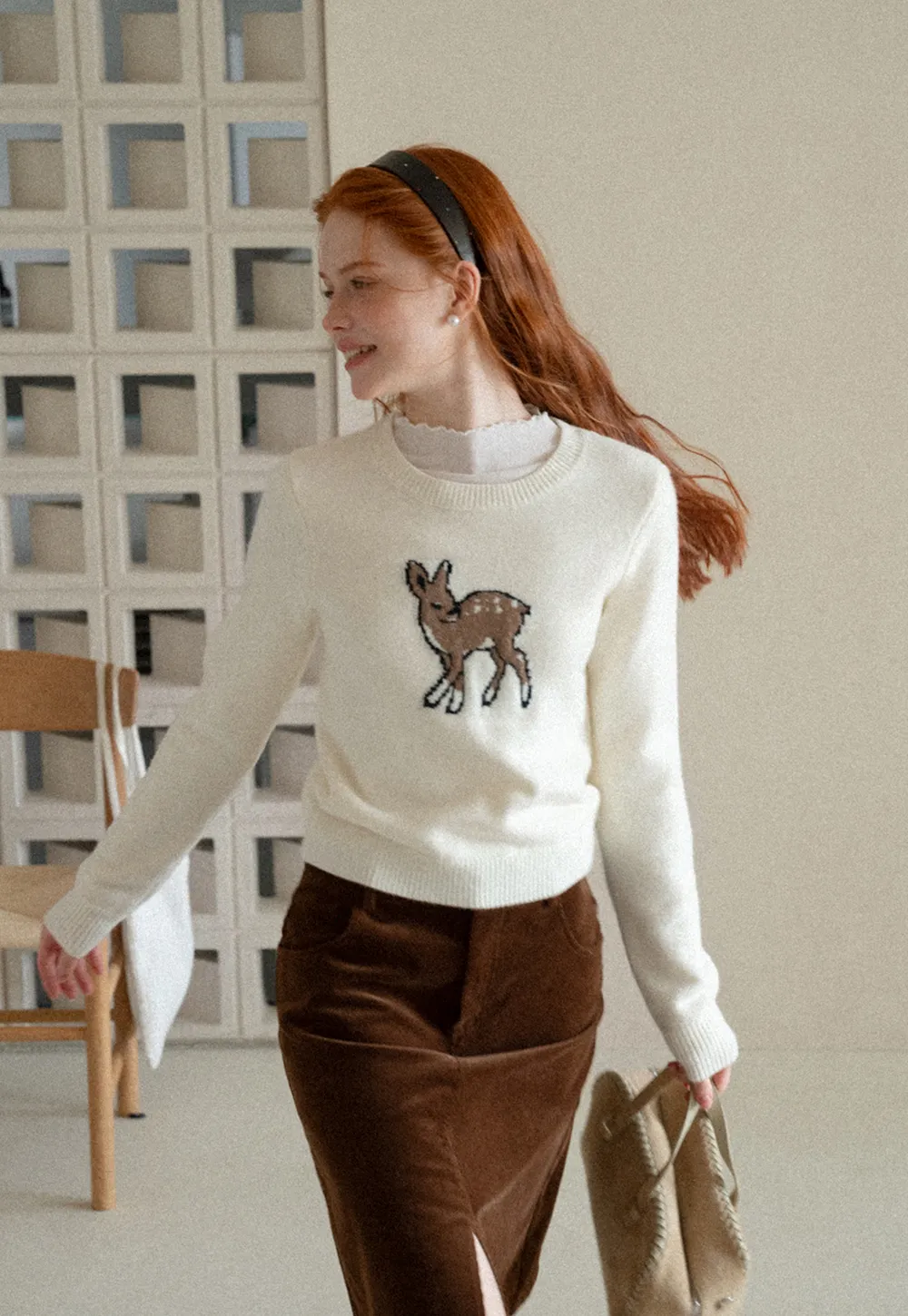 Embroidered Fawn Motif Crewneck Knit Sweater