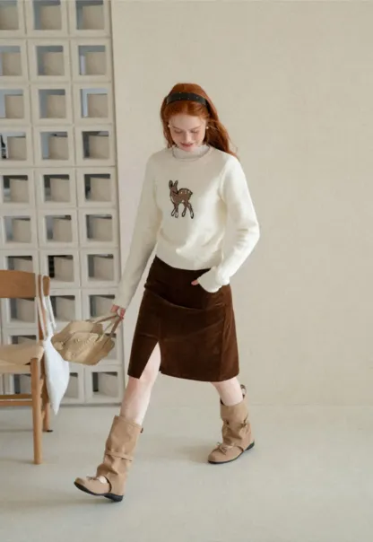 Embroidered Fawn Motif Crewneck Knit Sweater