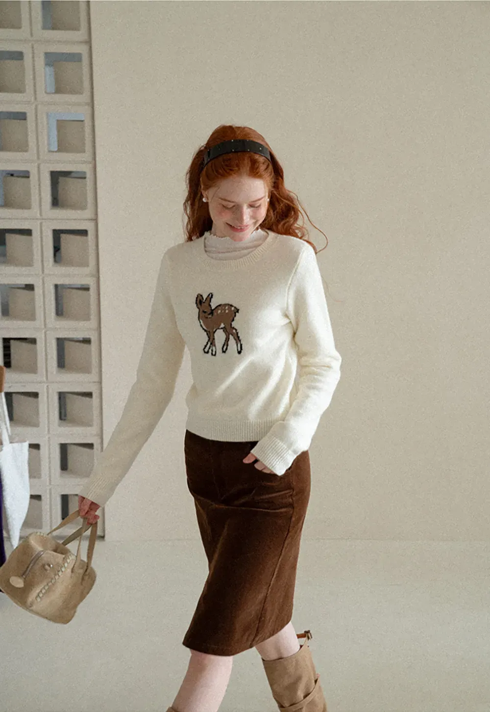Embroidered Fawn Motif Crewneck Knit Sweater