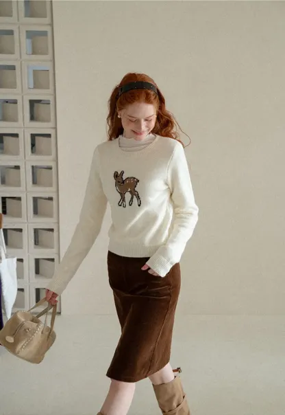 Embroidered Fawn Motif Crewneck Knit Sweater
