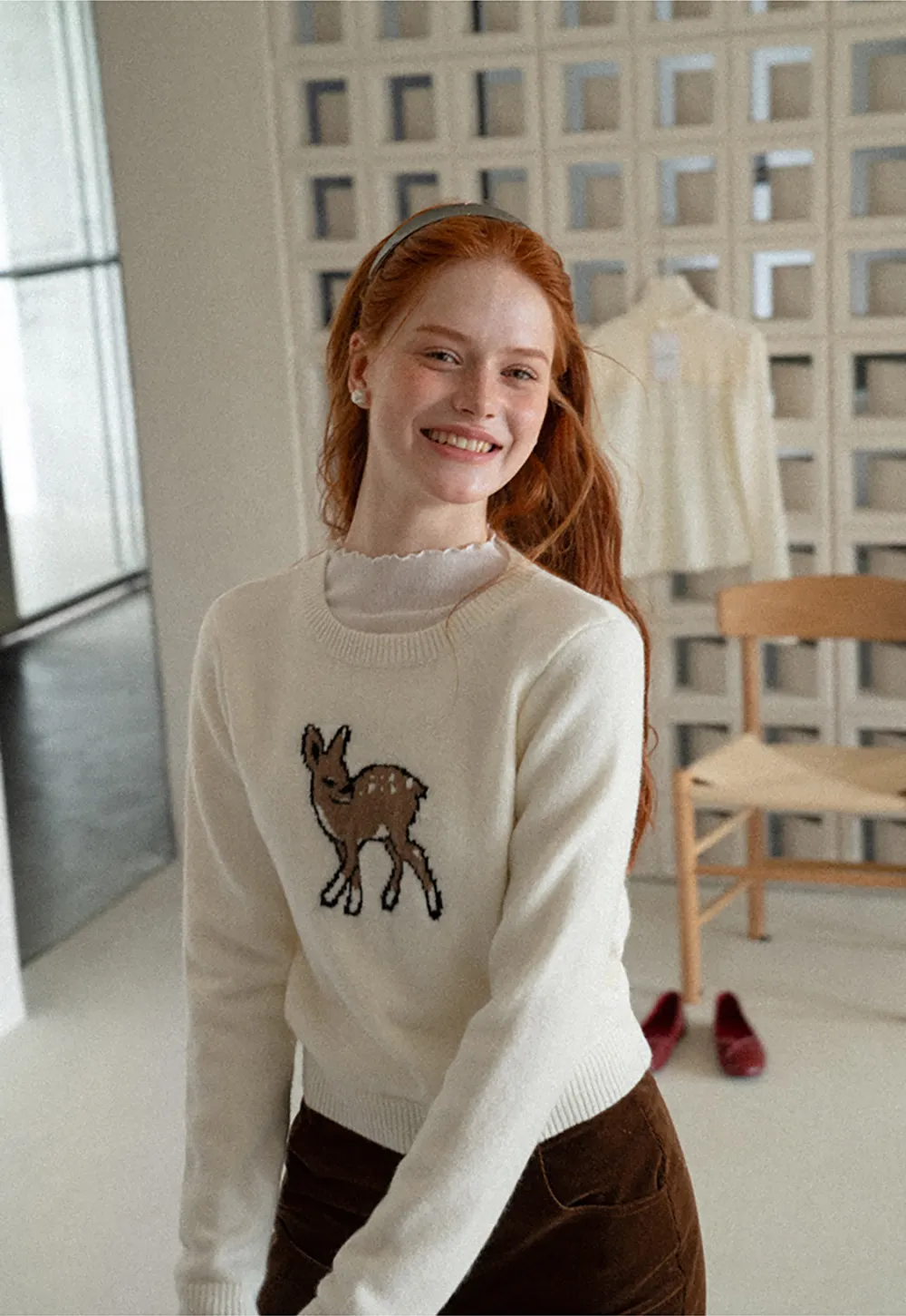 Embroidered Fawn Motif Crewneck Knit Sweater