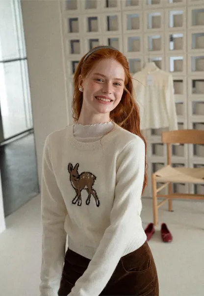 Embroidered Fawn Motif Crewneck Knit Sweater