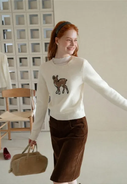Embroidered Fawn Motif Crewneck Knit Sweater