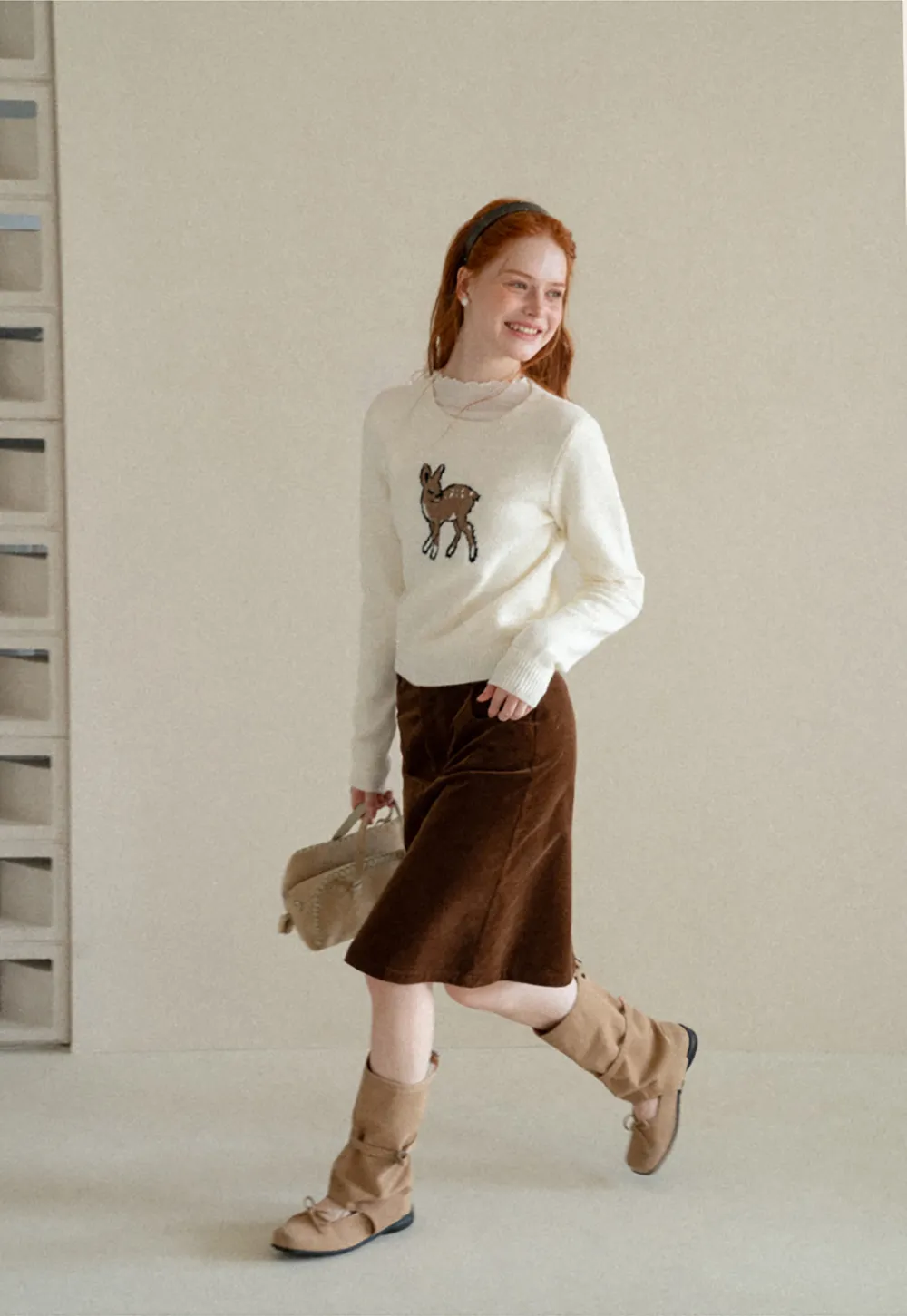 Embroidered Fawn Motif Crewneck Knit Sweater