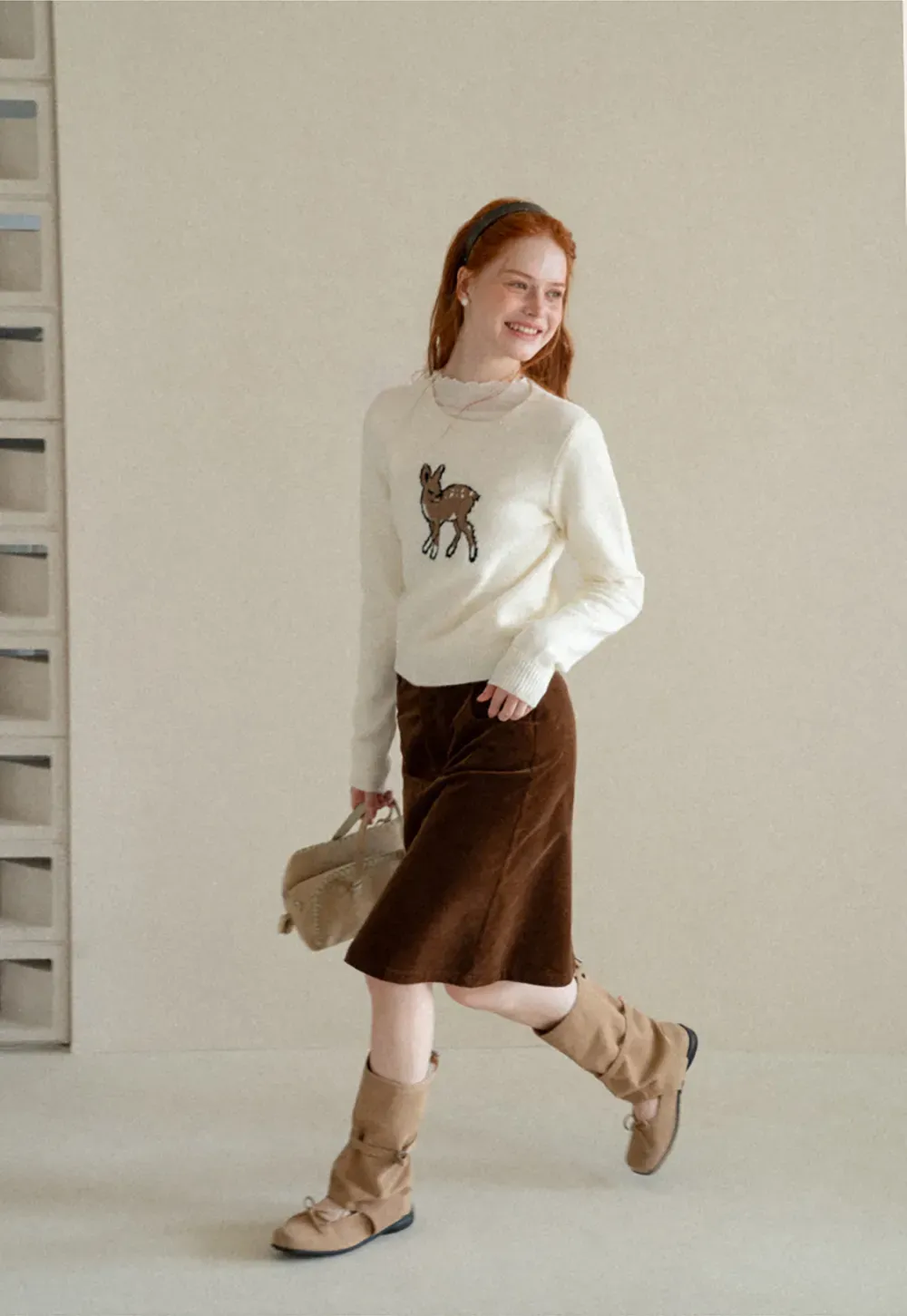 Embroidered Fawn Motif Crewneck Knit Sweater