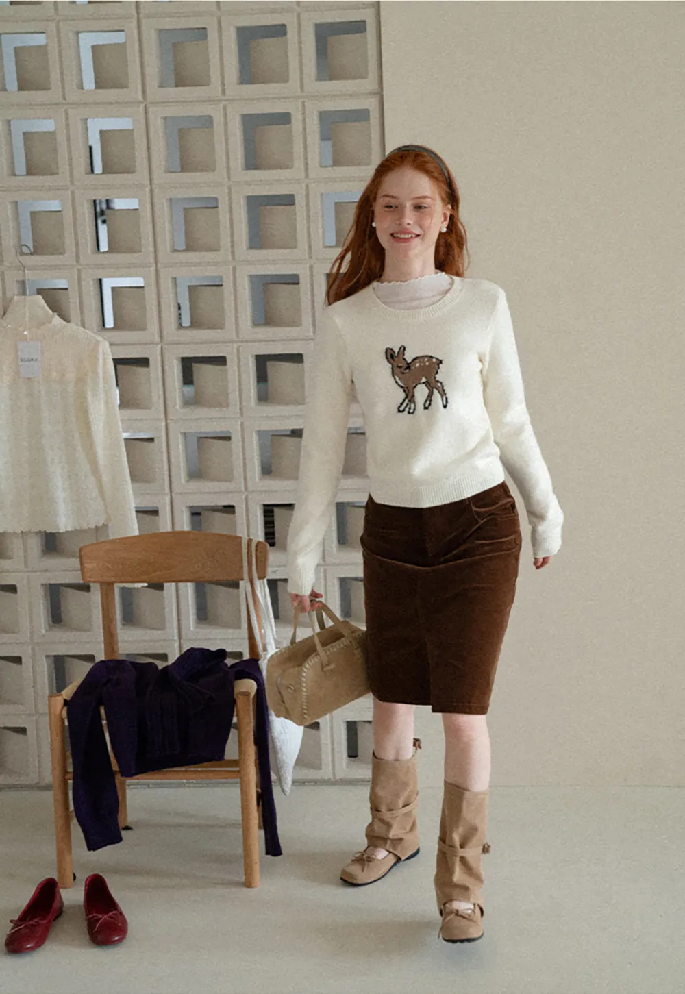 Embroidered Fawn Motif Crewneck Knit Sweater