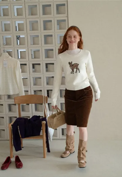 Embroidered Fawn Motif Crewneck Knit Sweater
