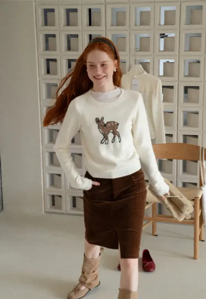 Embroidered Fawn Motif Crewneck Knit Sweater