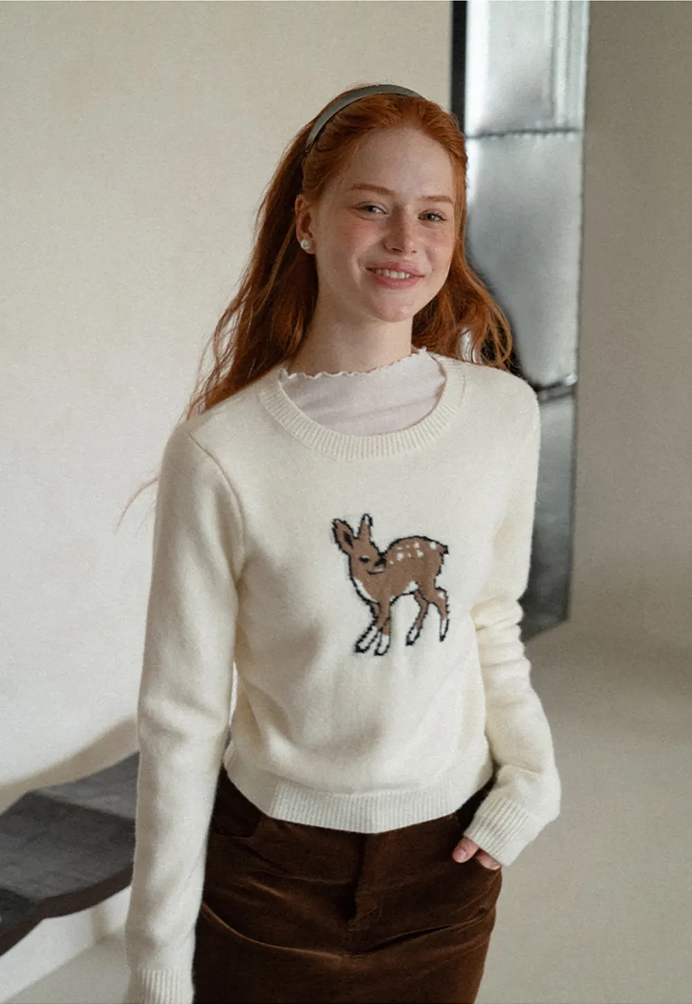 Embroidered Fawn Motif Crewneck Knit Sweater