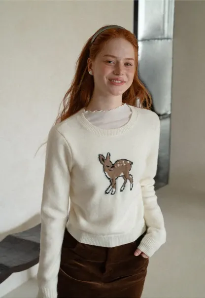 Embroidered Fawn Motif Crewneck Knit Sweater
